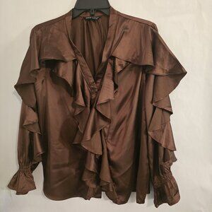 Shein V-Neck Ruffle Trim Asymmetrical Button Up Casual Chiffon Blouse